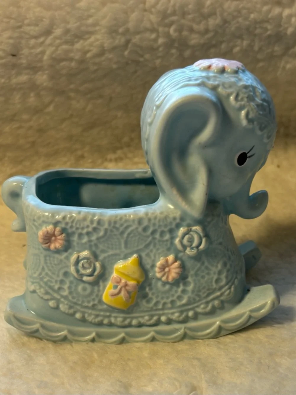 Light Blue Ceramic Elephant Vase with Pink Floral Accent